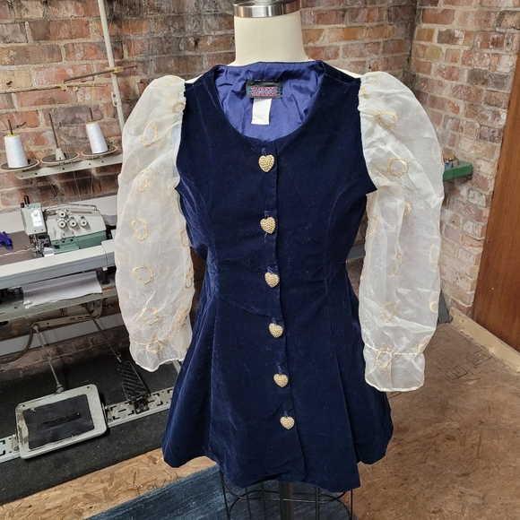 Vintage 80's Girls blue velvet dress sheer heart sleeves size 7 - Picture 2 of 10